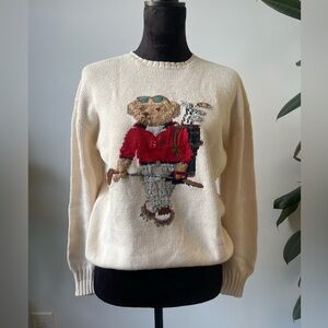 VINTAGE Ralph Lauren Sweater Mens Medium Beige Polo Bear Golf Knit Crewneck 90s